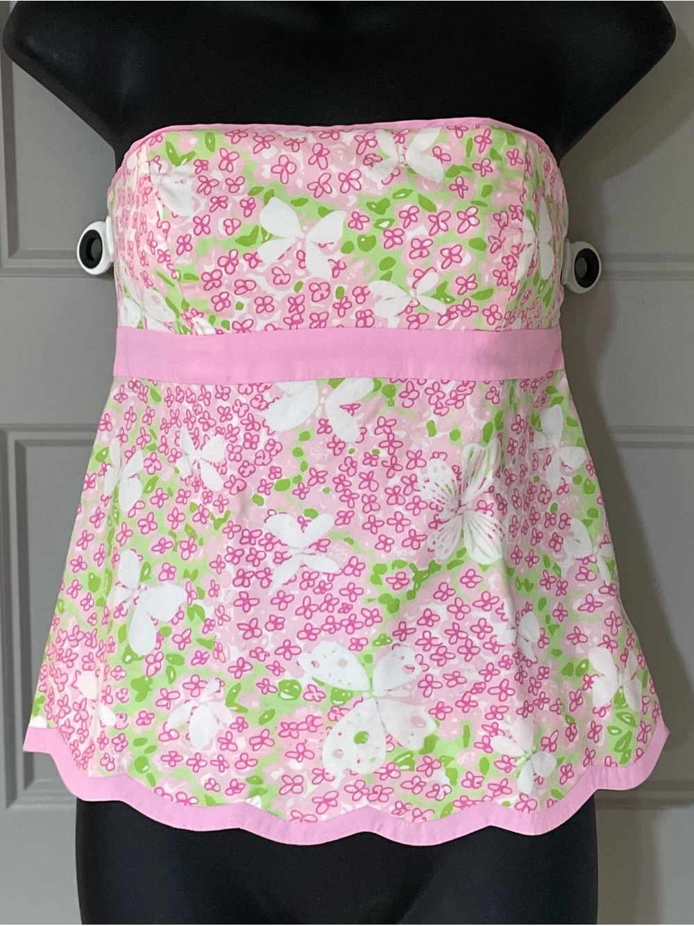 Lilly Pulitzer Strapless Pink Butterfly Floral Scallop Hem Top Cotton Preppy